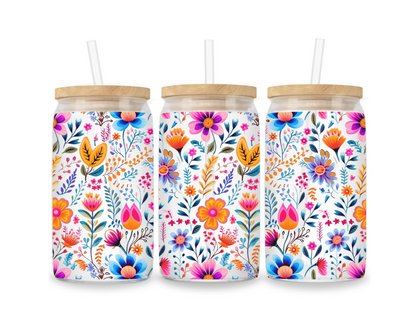 🌸 16oz Floral Embroidery Clear Glass Cup