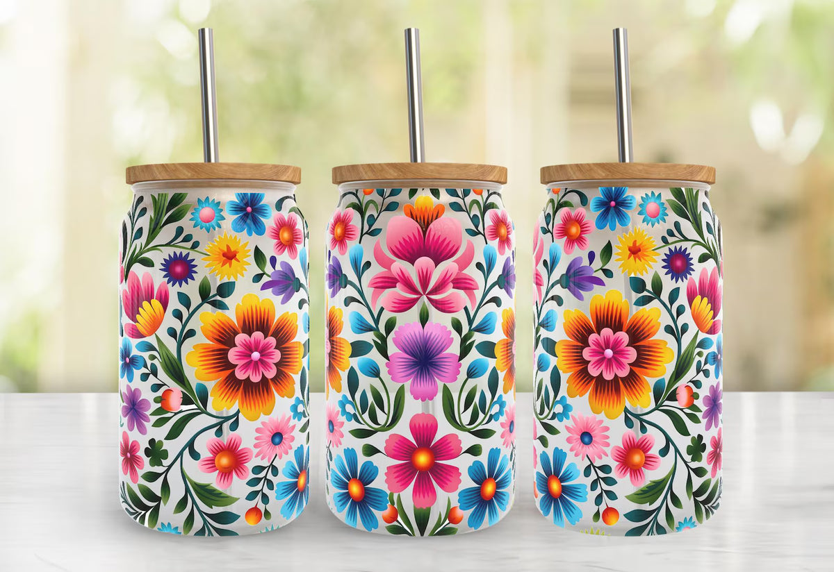 🌸 16oz Floral Embroidery Clear Glass Cup