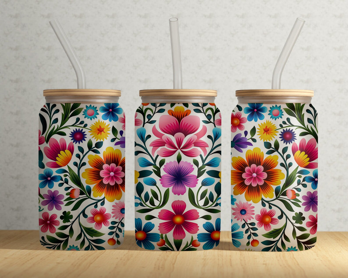 🌸 16oz Floral Embroidery Clear Glass Cup