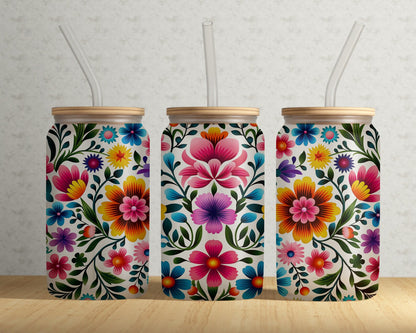 🌸 16oz Floral Embroidery Clear Glass Cup